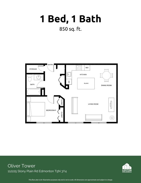 Floor plan for 1 bed, 1 bath, 750 sqft